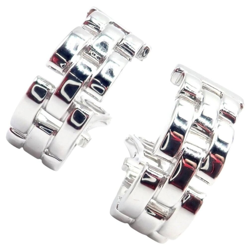 Authentic! Cartier Maillon Panthere 18K White Gold Three Row Link Hoop Earrings